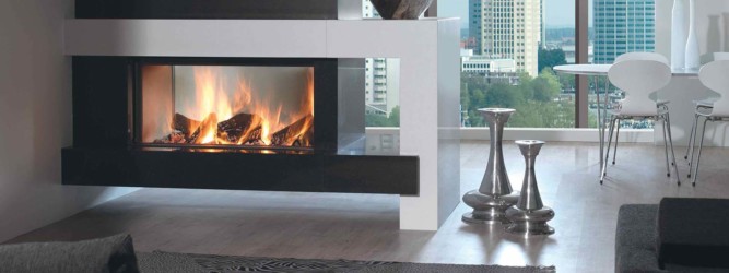 Cheminée de salon 2 faces tunnel avec feu de bois