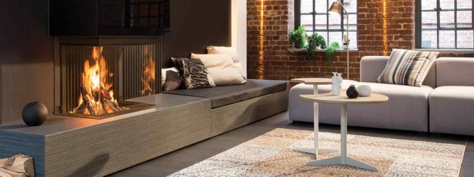 Cheminée de salon 3 faces en U avec feu de bois