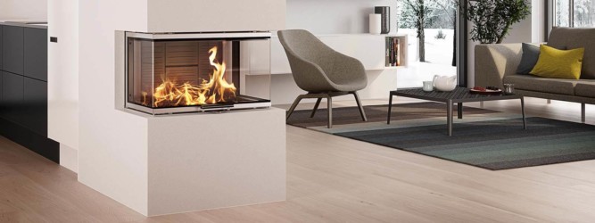 Cheminée de salon 3 faces en U avec feu de bois