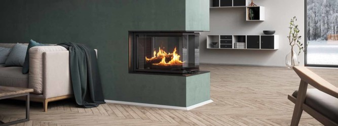 Cheminée de salon 3 faces en U avec feu de bois