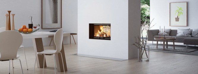 Cheminée de salon 2 faces tunnel avec feu de bois